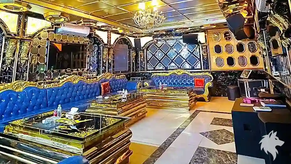 파란색 가죽 소파가 있는 방